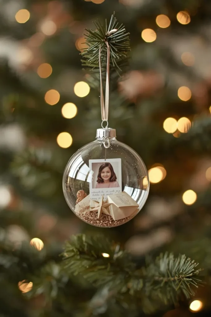 Durchsichtige Weihnachtskugel mit Foto, handgeschriebener Botschaft und kleinen Erinnerungen am Weihnachtsbaum